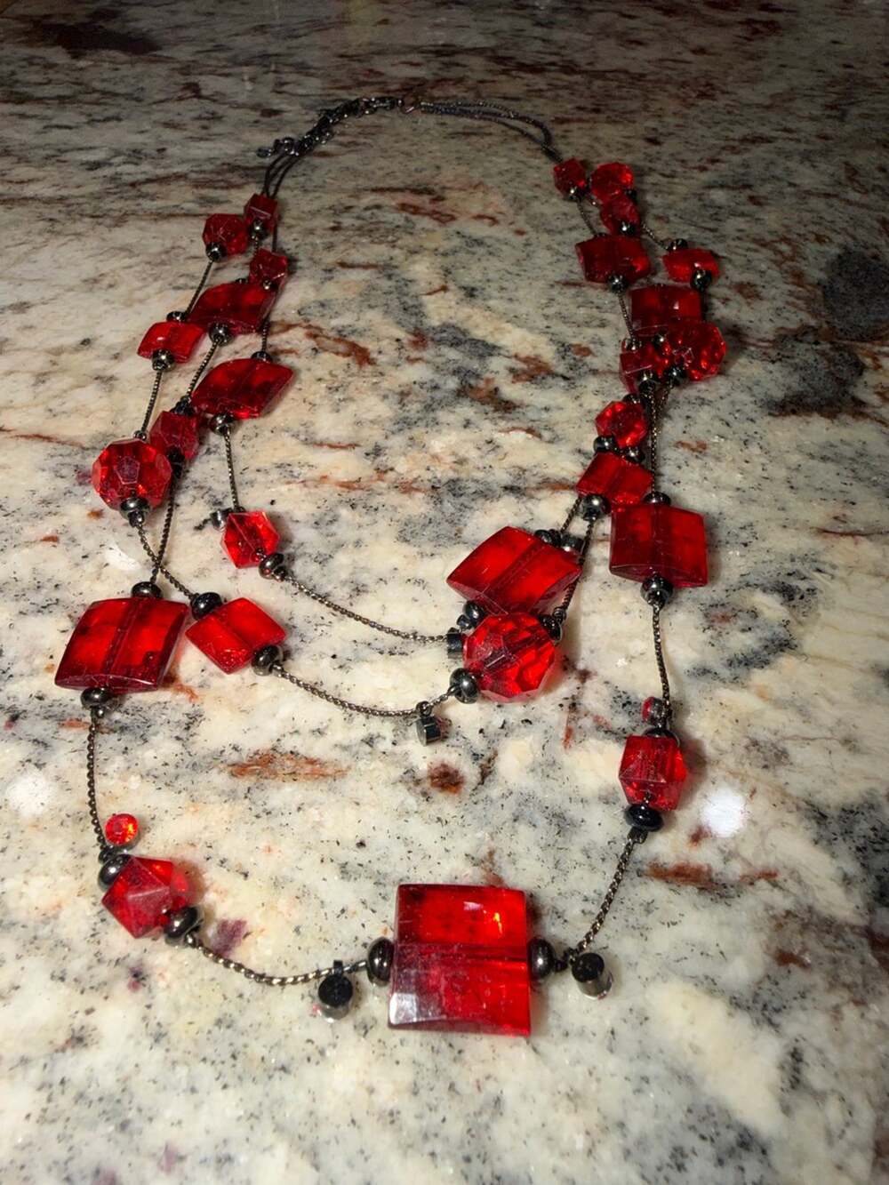 Red Multi-Strand Geometric Bead Necklace